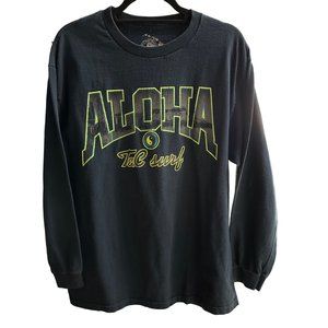 T & C Surf Designs sz L 100% cotton Aloha Hawaii black long sleeve t-shirt FLAW